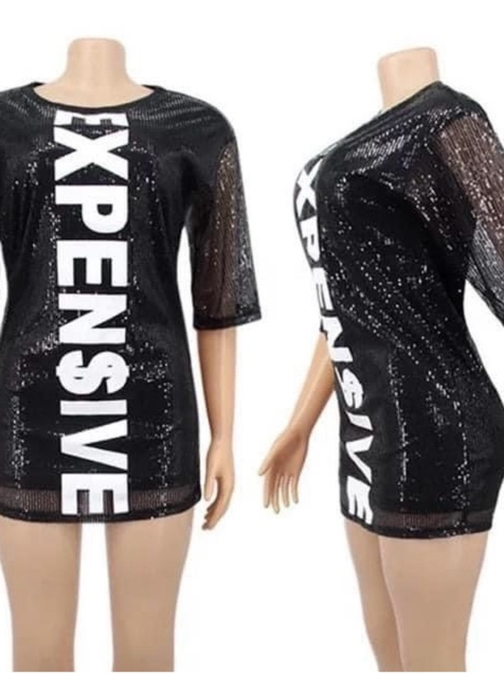 Black Sequin Mesh Graphic Tunic Dress